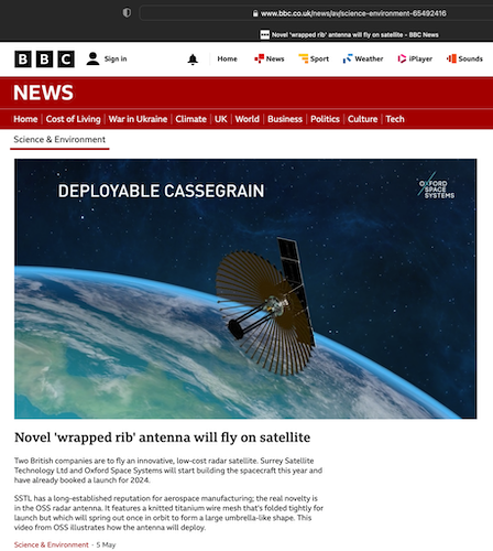 clip of the BBC news page showing the Deployable Antenna in space