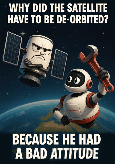Cartoon: A space robot prepares to decommission a grumpy satellite