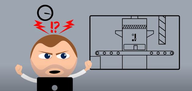 animated factory person confused and fustrated with equipment in the background